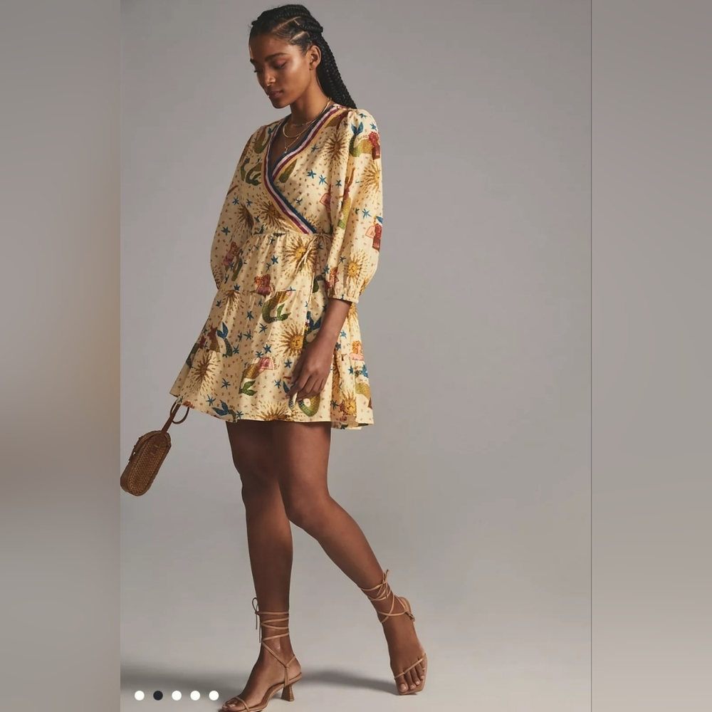 FARM Rio Yellow Floral Wrap Long Sleeve Mini Dress
